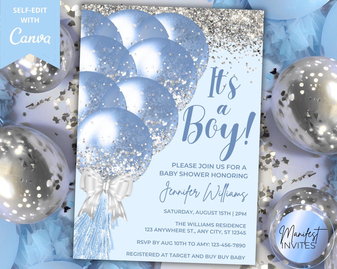 Editable It's a Boy Blue Silver Glitter Balloons Glam Baby Shower ...