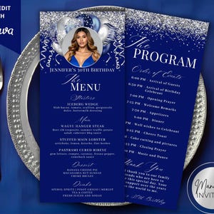 May include: A navy blue menu and program card set for a 30th birthday celebration. The menu lists starters, main courses, desserts, and drinks. The program outlines the event's order, with a photo of the birthday celebrant. The design includes silver glitter accents.