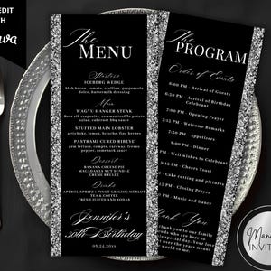 Bearbeitbares elegantes Schwarz Silber Glitter Geburtstagsmenü und Programmkartenvorlage, Reihenfolge der Ereignisse, Dankeskarte, druckbar, sofortiger Download