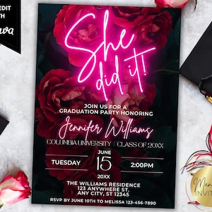 Editable Women&#39;s She Did It Red Floral Roses Graduation Party Invitation Template, Grad Announcement, Canva Template, Instant Download
