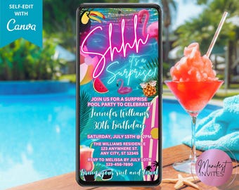 Digital Shhh It's a Surprise Birthday Pool Party Invitation, Neon Tropical Summer Beach Luau BBQ Party, Phone Evite, Editable Canva Template