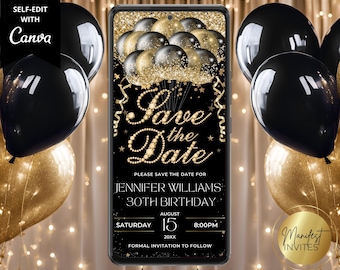Puede incluir: Una tarjeta digital de guardar la fecha negra y dorada con un fondo brillante y globos. El texto dice "Save the Date" con una gran estrella dorada y estrellas más pequeñas que la rodean. La tarjeta también incluye el texto "Por favor, guarda la fecha para Jennifer Williams 30 cumpleaños, sábado 15 de agosto de 20XX, 8:00 PM, Invitación formal a seguir."