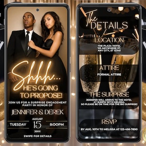 Puede incluir: Una invitación digital en negro y dorado para una fiesta de compromiso sorpresa. La invitación presenta una pareja en el fondo y un texto que dice "Shh... ¡Se va a comprometer!"  Únete a nosotros para una fiesta de compromiso sorpresa en honor a Jennifer & Derek. Martes, 15 de agosto, 8:00 p. m. Desliza para ver más detalles.