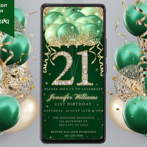 Digital 21st Birthday Party Green Gold Diamond Glitter Balloons Invitation, Electronic Phone Text Evite, Editable Template, Instant Download