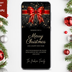 Electronic Merry Christmas Card, Digital Christmas Greeting Card, Holiday Ecard for Phone, Editable Template, Gold Red Bow, Instant Download