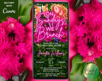 Digital On Sundays We Brunch Pink Neon Floral Greenery Invitation, Any Occasion, Phone Text Email Evite, Editable Template, Instant Download