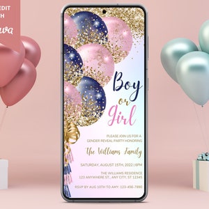 Digital Navy Blue Pink Gold Gender Reveal Invitation, Electronic Gender Reveal Invite, Balloon Gender Reveal, Boy or Girl, Instant Download