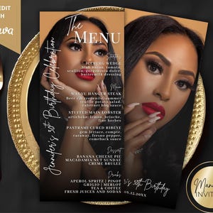 May include: A custom menu card for a 30th birthday celebration. The design features a woman's portrait, menu items, and the text "Jennifer's 30th Birthday Celebration." The card is on a gold plate with gold cutlery.