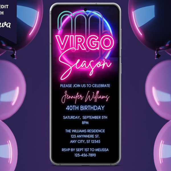 Virgo Zodiac Birthday Digital Invitation, Electronic Party Invite, Neon Virgo Season, Phone Text Evite, Editable Template, Instant Download