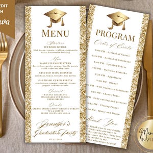 Edytowalny nowoczesny szablon menu kolacji z białego złota na zakończenie roku szkolnego i programu, niestandardowa karta menu kolacji na imprezę, Canva, natychmiastowe pobranie