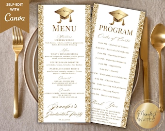 Bearbeitbare moderne Weißgold-Abendessen-Menükarte und Programmvorlage, benutzerdefinierte Event-Dinner-Party-Menükarte, Canva, Sofort-Download