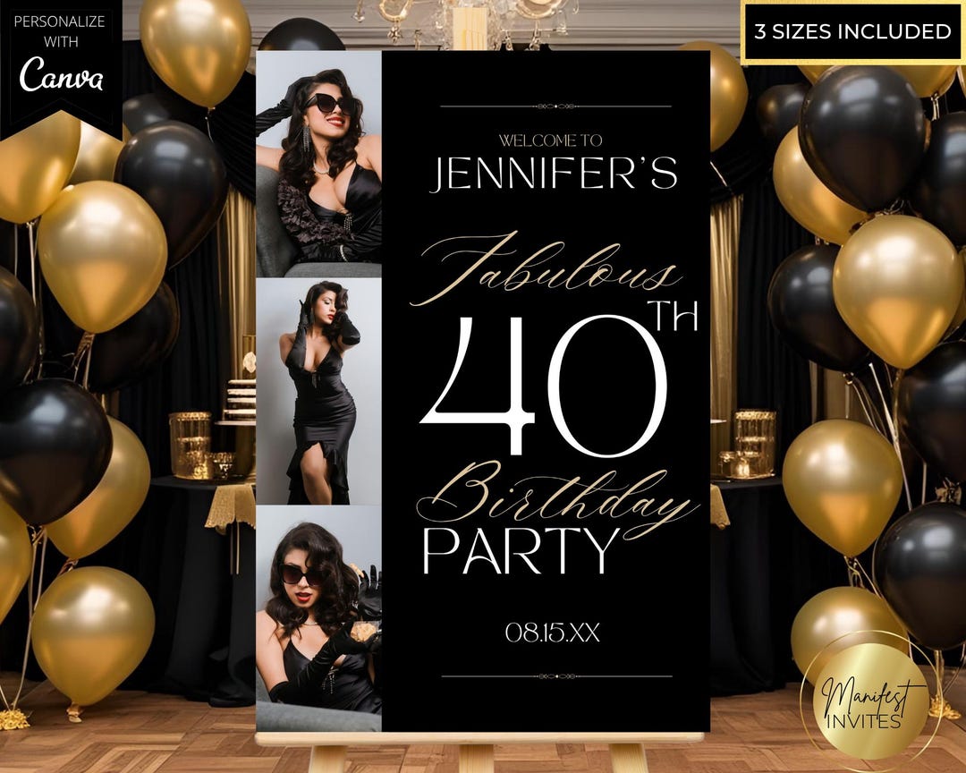 Editable Fabulous 40th Birthday Party Photo Collage Welcome Sign