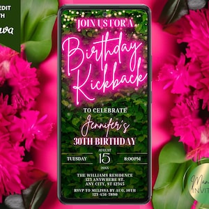 Digital Birthday Kickback Pink Neon Greenery Party Invitation, Electronic Phone Text Email Evite, Editable Canva Template, Instant Download