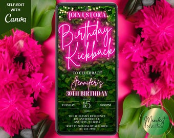 Invitación a fiesta de cumpleaños digital con efecto neón rosa, texto electrónico por teléfono y correo electrónico, Plantilla de Canva editable, Descarga instantánea