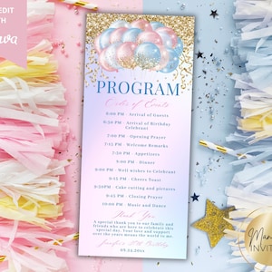 Peut inclure: Un programme de fête avec un fond dégradé pastel, avec un groupe de ballons roses et bleus. Le programme comprend le texte "PROGRAMME Ordre des événements" et un horaire. Le design comprend des confettis dorés et le texte "Manifest Invites".