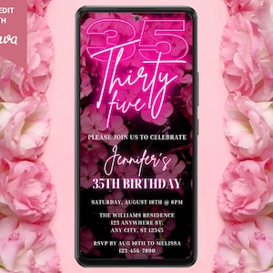 Digital 35th Birthday Party Invitation, Electronic Mobile Phone Text Email Evite, Pink Neon Floral, Editable Template, Instant Download PF01