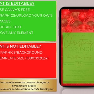 Faire-part numérique élégant pour le brunch des fêtes de Noël, décorations festives rouge-vert, téléphone, modèle de toile éditable, téléchargement immédiat image 3