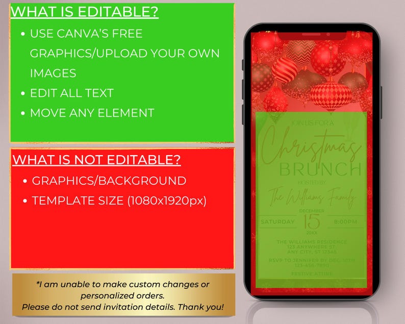 Faire-part numérique élégant pour le brunch des fêtes de Noël, décorations festives rouge-vert, téléphone, modèle de toile éditable, téléchargement immédiat image 3