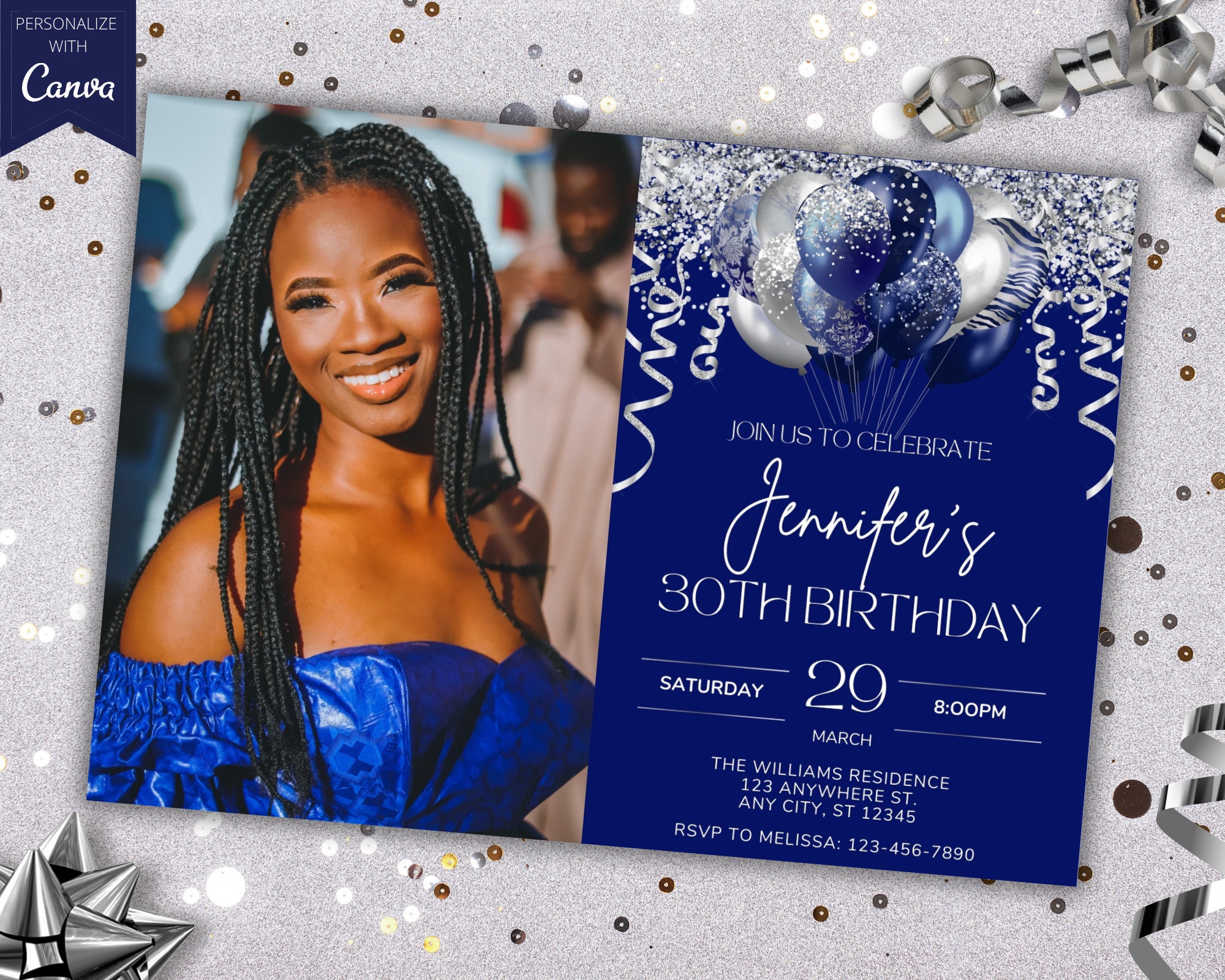 Editable Photo Blue Silver Glitter Balloons Birthday Party Invitation, Printable Card and Phone Evite, Editable Template, Instant Download