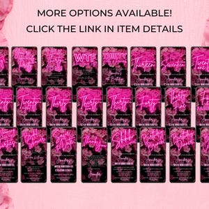 Puede incluir: Una colecci&oacute;n de plantillas de invitaci&oacute;n digitales con un fondo floral oscuro y texto rosa brillante estilo ne&oacute;n. Los dise&ntilde;os incluyen varias edades de cumplea&ntilde;os, tipos de eventos como bridal shower y brunch, y el texto MORE OPTIONS AVAILABLE!