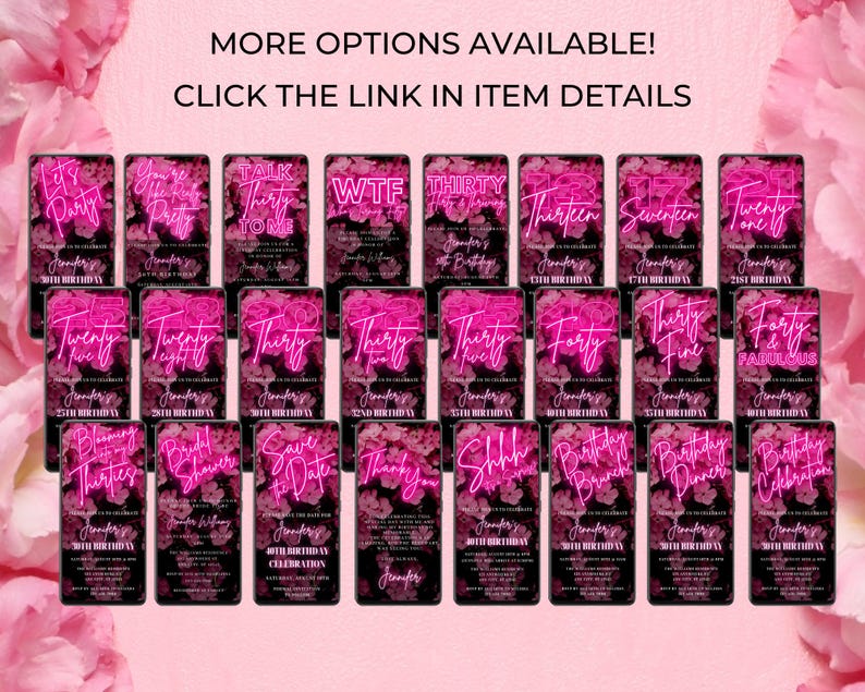 Puede incluir: Una colecci&oacute;n de plantillas de invitaci&oacute;n digitales con un fondo floral oscuro y texto rosa brillante estilo ne&oacute;n. Los dise&ntilde;os incluyen varias edades de cumplea&ntilde;os, tipos de eventos como bridal shower y brunch, y el texto MORE OPTIONS AVAILABLE!