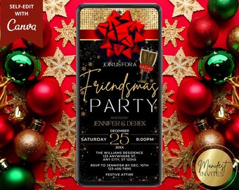May include: A black and gold Friendsmas Party invitation on a smartphone screen, featuring a red bow and champagne glasses. The invitation includes event details like date, time, and location, surrounded by Christmas ornaments and stars.