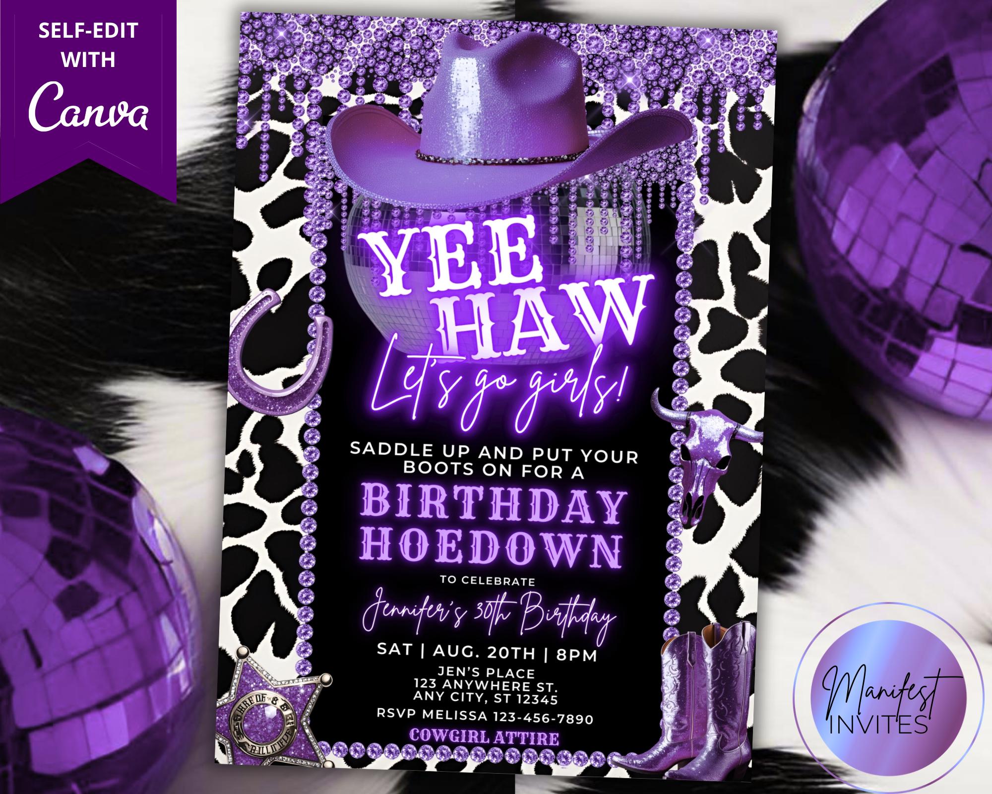 Editable Purple Disco Cowgirl Hoedown Birthday Party Invitation, Printable Glam Country Western Invite, Editable Template, Instant Download
