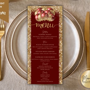 Bewerkbare roodgouden glitterballonnen diner menukaart verjaardag, afdrukbare evenementmenu en drankkaart, bewerkbare sjabloon, direct downloaden