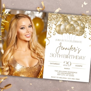 Bewerkbare foto witgoud glitter ballonnen verjaardagsuitnodiging, afdrukbare kaart en tekst Evite, bewerkbare sjabloon, direct downloaden