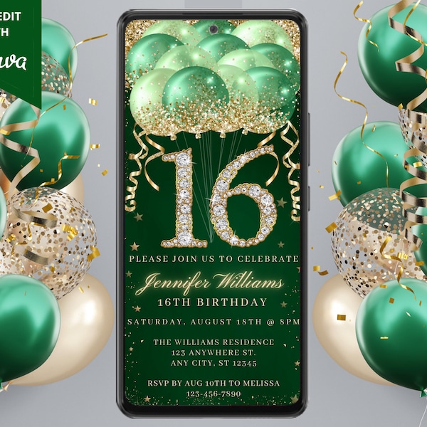 Digital 16th Birthday Party Green Gold Diamond Glitter Balloons Invitation, Electronic Phone Text Evite, Editable Template, Instant Download