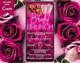 Digital Bridal Brunch Shower Invitation, Champagne Breakfast, Hot Pink Floral Roses, Phone Evite, Editable Canva Template, Instant Download