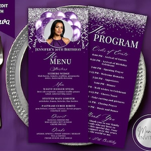 Editable Elegant Purple Silver Glitter Balloons Menu Program and Thank You Photo Card, Birthday Graduation Decor, Printable Canva Template