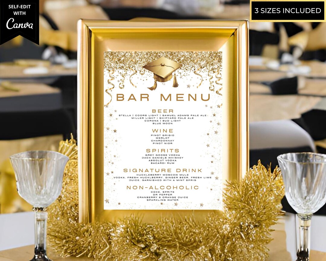 Graduation Bar Menu. Example Editable Modern Graduation Party White Gold Bar Menu Template ...