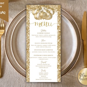 Bewerkbare witgouden glitterballonnen diner menukaart verjaardag, afdrukbare evenementmenu en drankkaart, bewerkbare sjabloon, direct downloaden