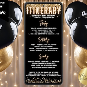Digital Black Gold Birthday Weekend Trip Itinerary Invitation, Schedule Travel Details, Phone Evite, Editable Template, Instant Download