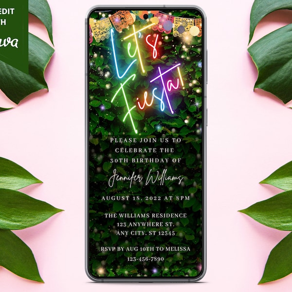 Digital Fiesta Birthday Invitation, Electronic Birthday Party Invite, Colorful Neon Greenery, Editable Template, Evite, Instant Download