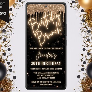 Digital Birthday Brunch Invitation, Electronic Smartphone Text Message Evite, Gold Glitter Drip, Editable Template, Instant Download, GGD02