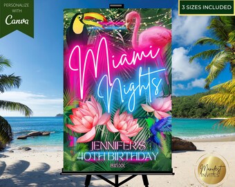 Editable Tropical Miami Nights Birthday Welcome Sign, Pink Blue Neon Jungle Theme, Summer Beach Pool Party Decor, Printable Canva Template