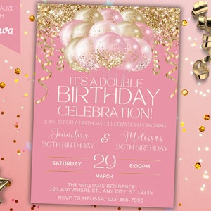 Bearbeitbare gemeinsame Doppel-Geburtstagsfeier-Rosa-Gold-Glitzer-Luftballons, Einladungsvorlage, druckbare Karte und Telefontext Evite, Sofort-Download