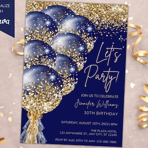 Editable Navy Blue Gold Balloons Birthday Invitation, Printable Party Invite, Let's Party, Any Age, Editable Template, Instant Download