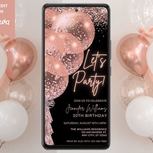 Digital Rose Gold Birthday Party Invitation, Electronic Birthday Invite, Editable Template, Any Age, Text Invite, Evite, Instant Download