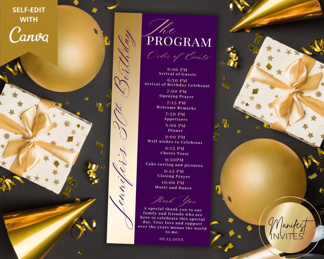 Editable Purple Gold Birthday Program With Thank You Card, Elegant ...