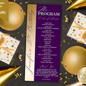 Peut inclure: Un programme d'anniversaire violet et or avec le texte "Jennifer's 30th Birthday" et "The Program". Le programme énumère l'ordre des événements, avec des chapeaux de fête, des ballons et des cadeaux emballés dorés.