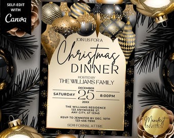 Bearbeitbare Elegante Glam Schwarz Gold Weihnachtsessen Einladung, Formelle Weihnachtsfeier Cocktailparty, druckbare Canva Vorlage, Sofort Download