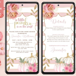 Digital A Little Pumpkin Is On The Way Girl Baby Shower Invitation, Pink Fall Autumn Shower, Text Evite, Editable Template, Instant Download