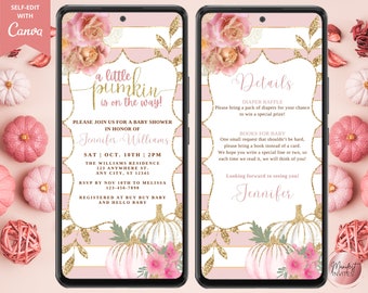 Digital A Little Pumpkin Is On The Way Girl Baby Shower Invitation, Pink Fall Autumn Shower, Text Evite, Editable Template, Instant Download