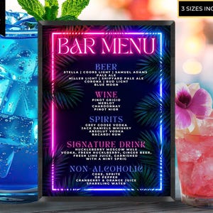 Tropical Neon Bar Menu Template, Signature Drink Cocktail Sign, Summer Luau Pool Party Decor, Beach Party Decor, Editable Canva Template