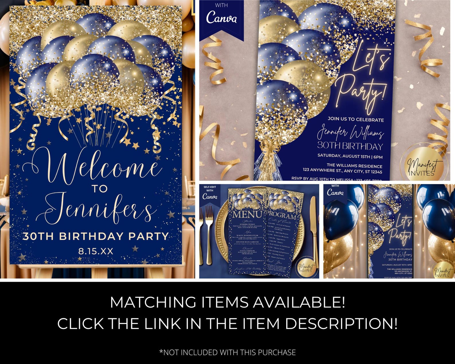 Editable Glam Blue Gold Glitter Balloons Birthday Party Welcome Sign ...