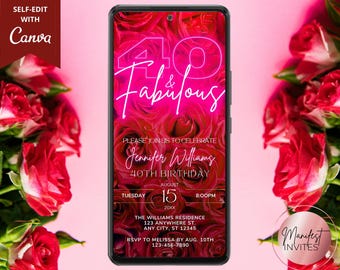 Digital 40 and Fabulous 40th Birthday Pink Neon Red Floral Roses Party Invitation, For Her, Editable Canva Template, Instant Download, PR98