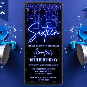 Digital Sixteen 16th Birthday Party Invitation, Electronic Text Email Evite, Neon Blue Glitter Drip, Editable Template, Instant Download